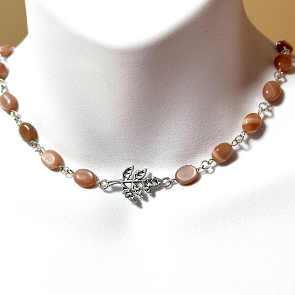 Peach Moonstone Adjustable Choker, Leaf Branch Pendant + Genuine Gemstone - Picture 2 of 16